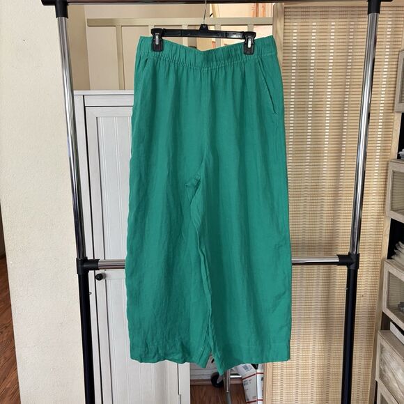 Tahari Women XL Essentials Linen Pants Wide Leg Cropped Elastic Kelly Green Boho - Picture 1 of 12
